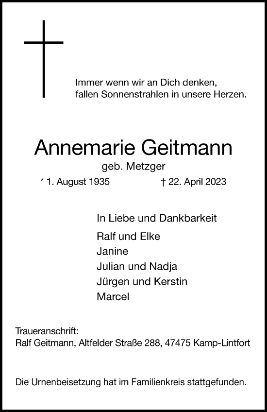 Traueranzeige von Annemarie Geitmann von Tageszeitung