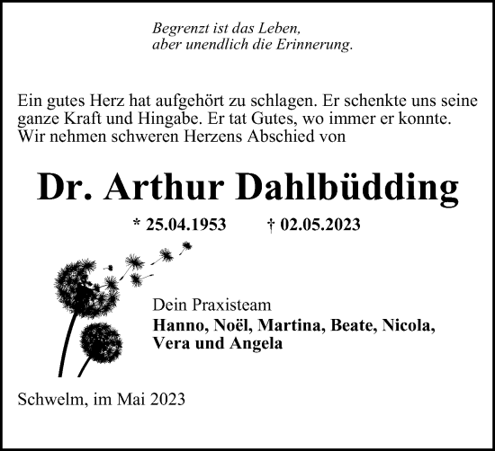 Traueranzeige von Arthur Dahlbüdding von Tageszeitung
