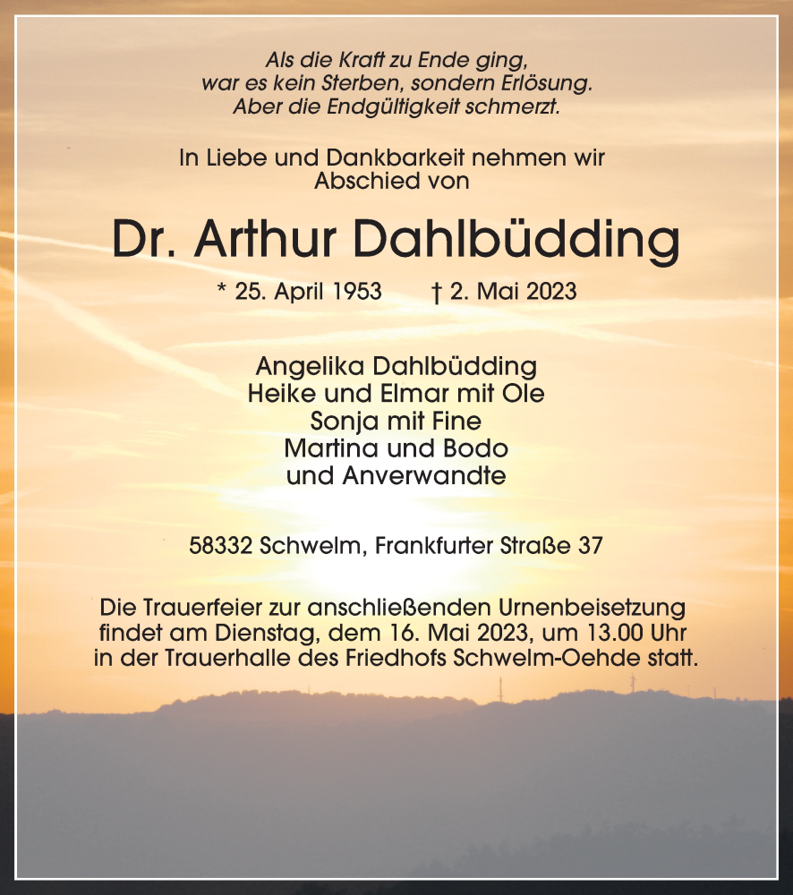  Traueranzeige für Arthur Dahlbüdding vom 13.05.2023 aus Tageszeitung