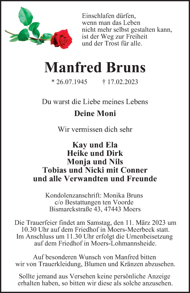  Traueranzeige für Manfred Bruns vom 08.03.2023 aus FUNKE Medien NRW GmbH