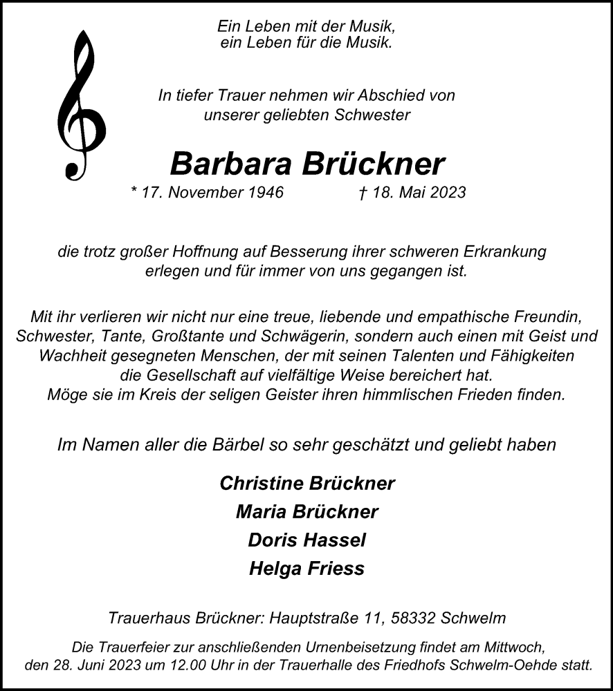  Traueranzeige für Barbara Brückner vom 27.05.2023 aus Tageszeitung