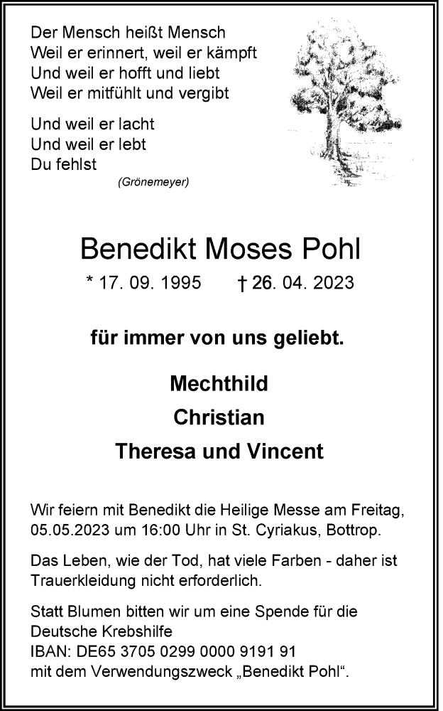  Traueranzeige für Benedikt Moses Pohl vom 04.05.2023 aus Tageszeitung