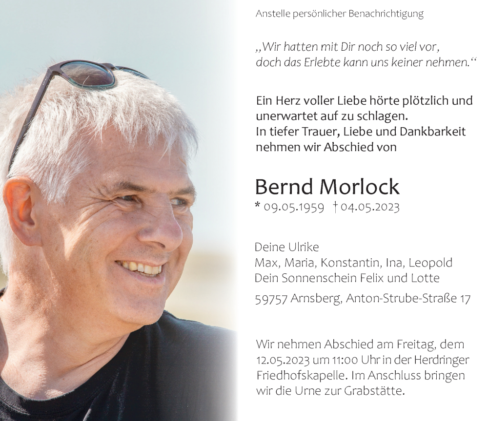  Traueranzeige für Bernd Morlock vom 10.05.2023 aus Tageszeitung