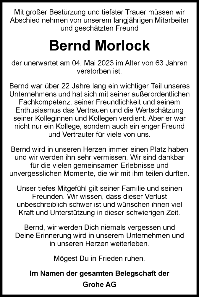  Traueranzeige für Bernd Morlock vom 12.05.2023 aus Tageszeitung