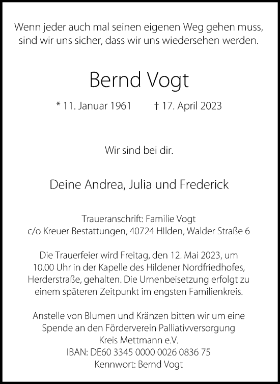 Traueranzeige von Bernd Vogt von Tageszeitung