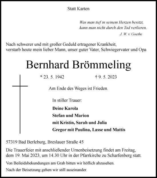 Traueranzeige von Bernhard Brömmeling von Tageszeitung