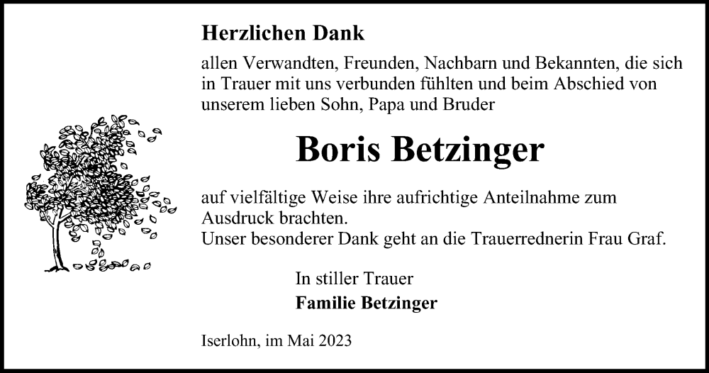  Traueranzeige für Boris Betzinger vom 06.05.2023 aus Tageszeitung