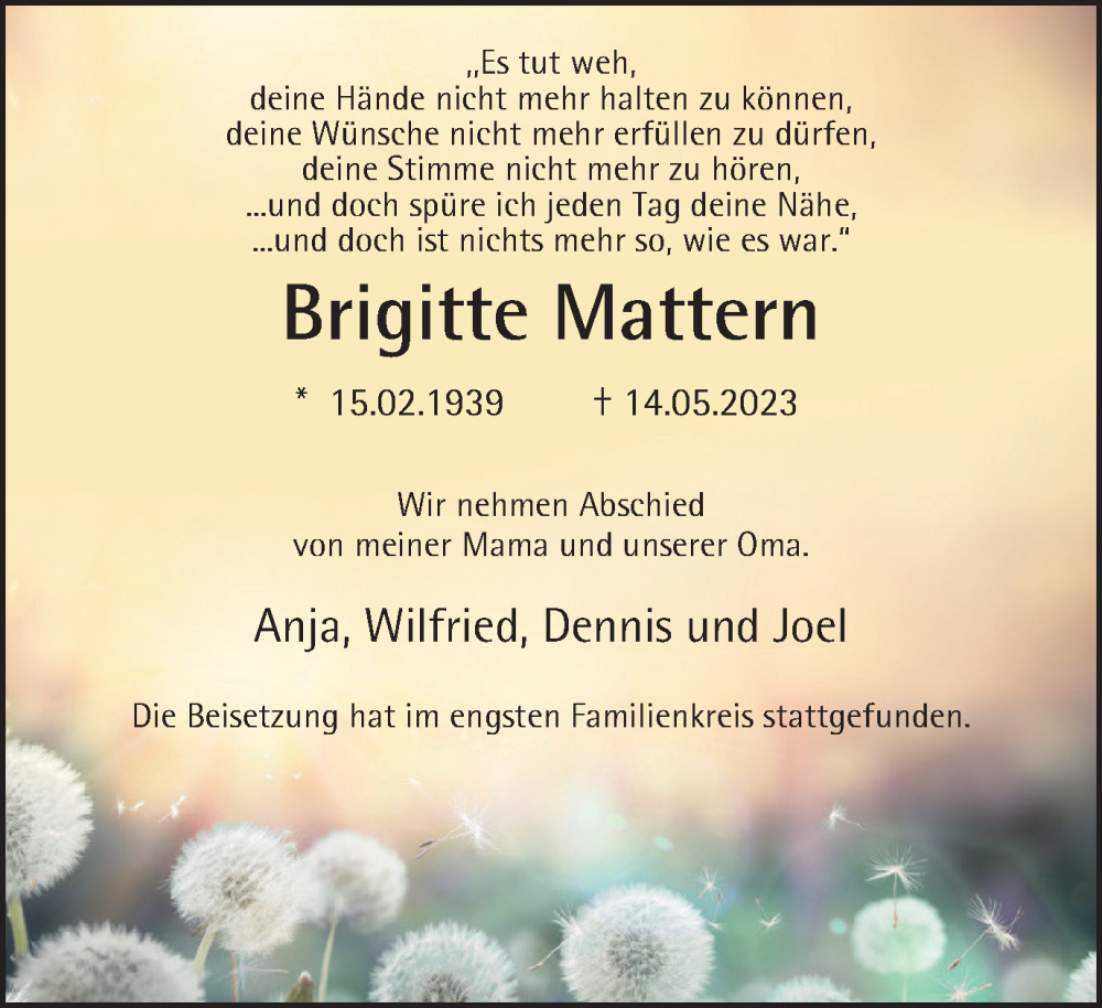  Traueranzeige für Brigitte Mattern vom 20.05.2023 aus Tageszeitung