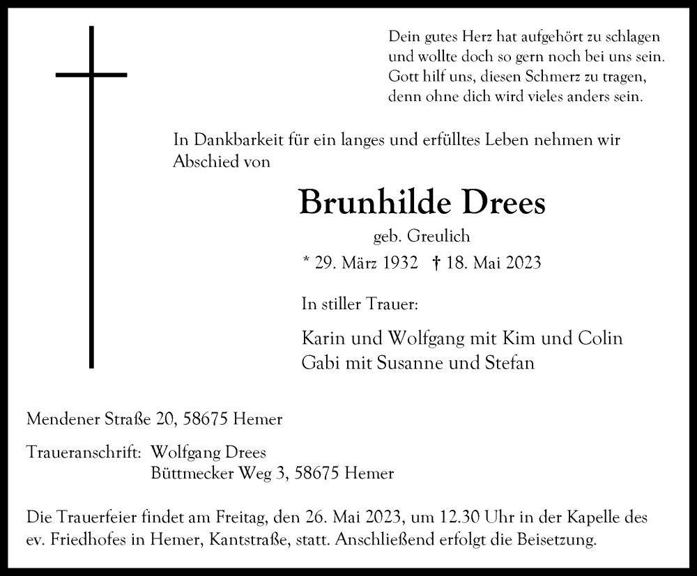  Traueranzeige für Brunhilde Drees vom 24.05.2023 aus Tageszeitung