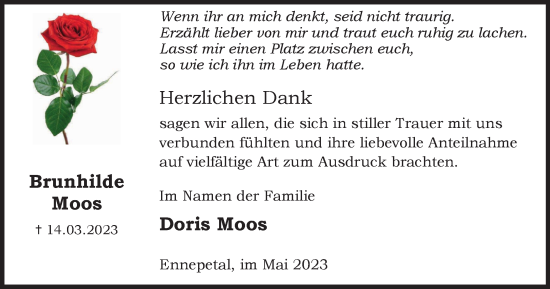 Traueranzeige von Brunhilde Moos von Tageszeitung