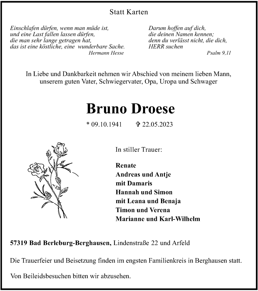  Traueranzeige für Bruno Droese vom 25.05.2023 aus Tageszeitung
