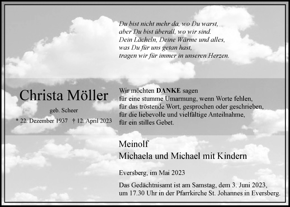  Traueranzeige für Christa Möller vom 27.05.2023 aus Tageszeitung