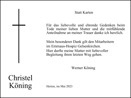 Traueranzeige von Christel Köning von Tageszeitung