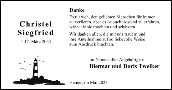 Traueranzeige von Christel Siegfried von Tageszeitung