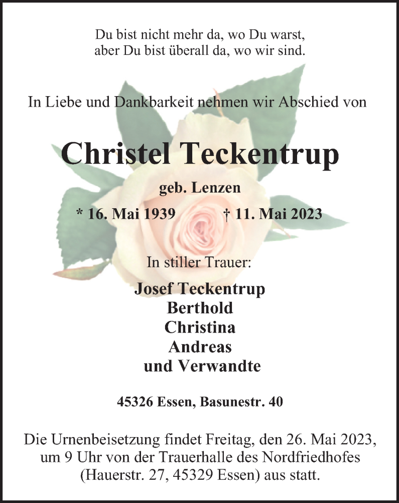  Traueranzeige für Christel Teckentrup vom 20.05.2023 aus Tageszeitung