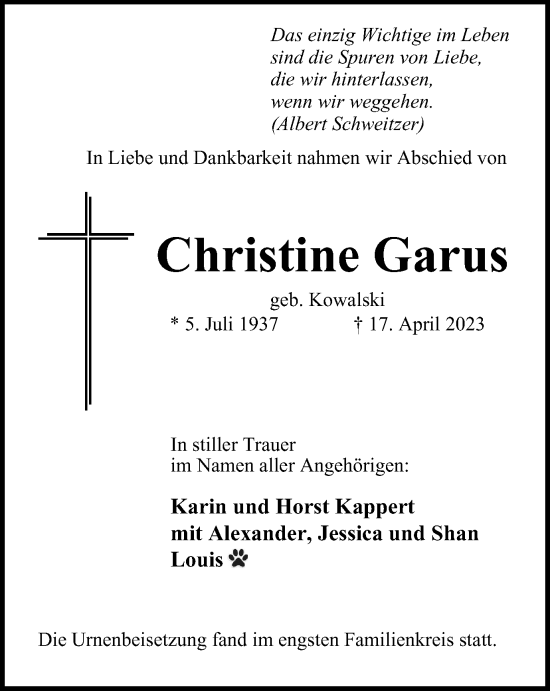 Traueranzeige von Christine Garus von Tageszeitung