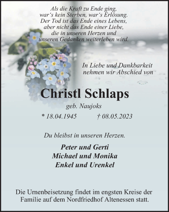 Traueranzeige von Christl Schlaps von Tageszeitung