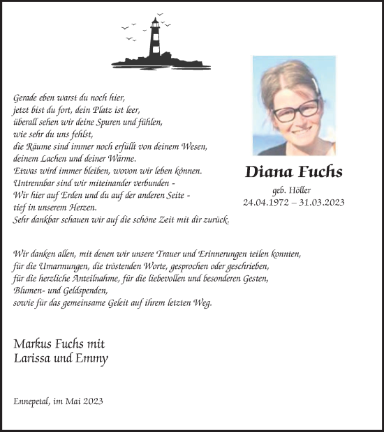 Traueranzeige von Diana Fuchs von Tageszeitung