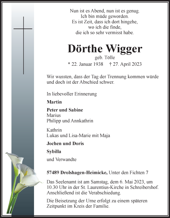 Traueranzeige von Dörthe Wigger von Tageszeitung