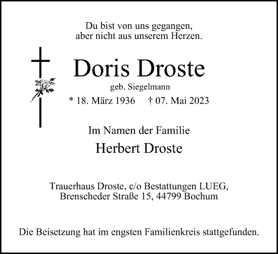 Traueranzeige von Doris Droste von Tageszeitung