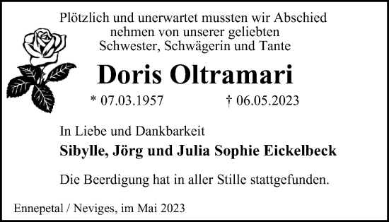 Traueranzeige von Doris Oltramari von Tageszeitung