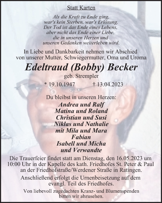 Traueranzeige von Edeltraud  Becker von Tageszeitung