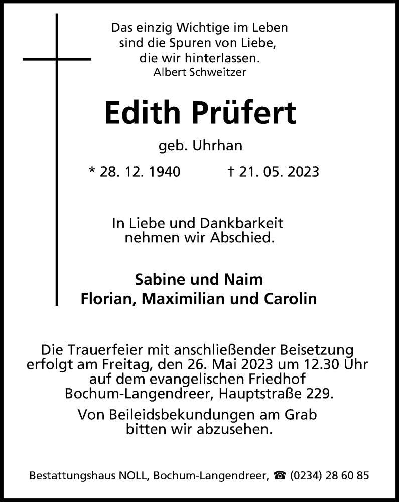  Traueranzeige für Edith Prüfert vom 25.05.2023 aus Tageszeitung