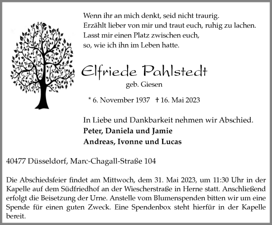 Traueranzeige von Elfriede Pahlstedt von Tageszeitung