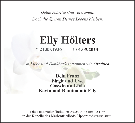 Traueranzeige von Elly Hölters von Tageszeitung