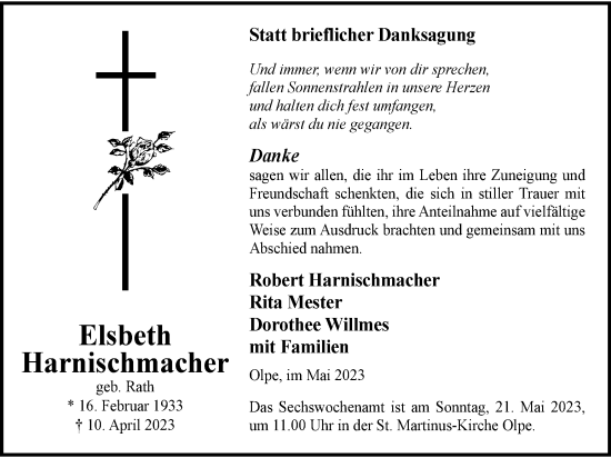 Traueranzeige von Elsbeth Harnischmacher von Tageszeitung
