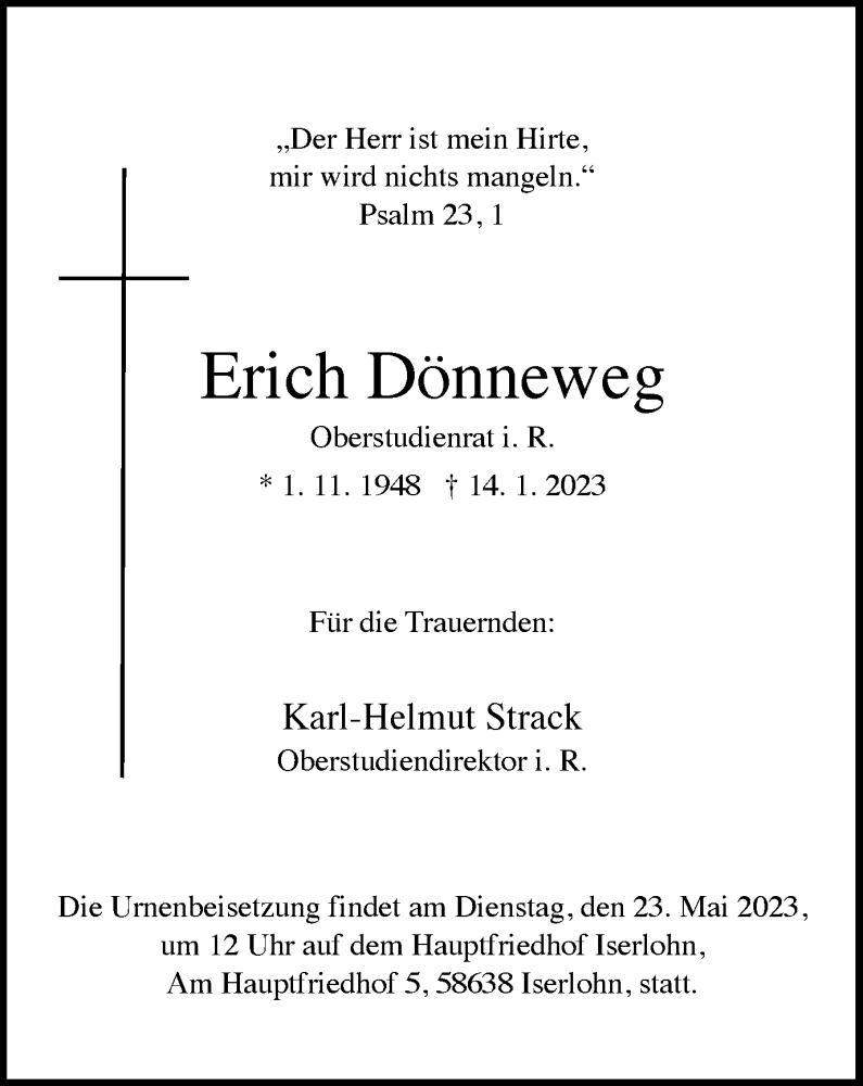  Traueranzeige für Erich Dönneweg vom 13.05.2023 aus Tageszeitung