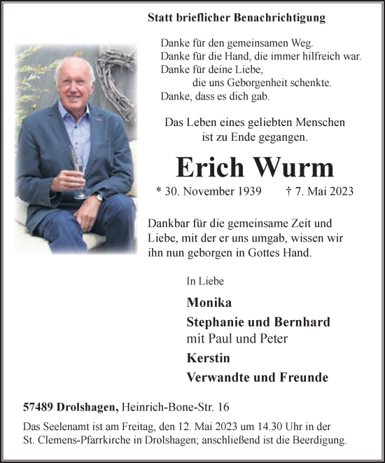 Traueranzeige von Erich Wurm von Tageszeitung