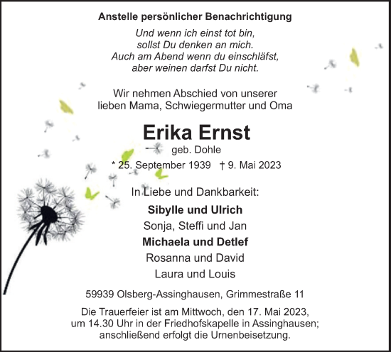 Traueranzeige von Erika Ernst von Tageszeitung