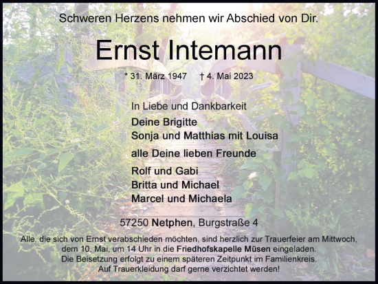 Traueranzeige von Ernst Intemann von Tageszeitung