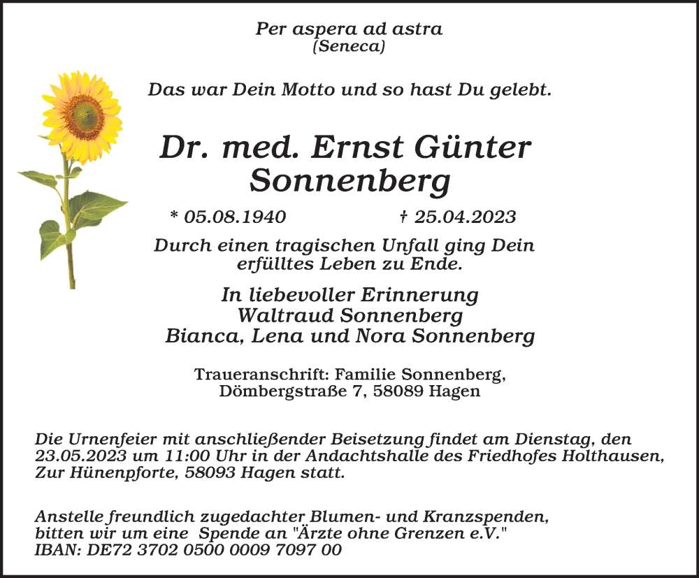  Traueranzeige für Ernst Günter Sonnenberg vom 20.05.2023 aus Tageszeitung