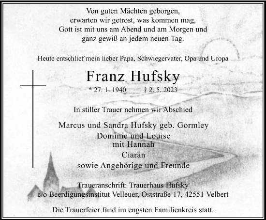 Traueranzeige von Franz Hufsky von Tageszeitung