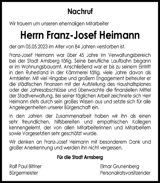 Traueranzeige von Franz-Josef Heimann von Tageszeitung