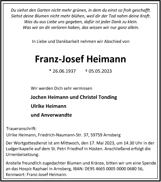 Traueranzeige von Franz-Josef Heimann von Tageszeitung