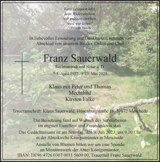 Traueranzeige von Franz Sauerwald von Tageszeitung