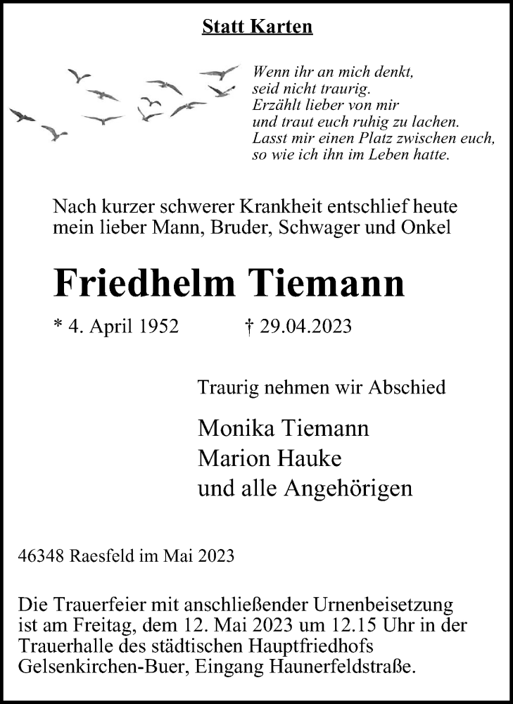 Traueranzeigen Von Friedhelm Tiemann Trauer In NRW De