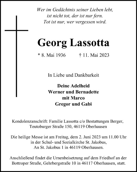 Traueranzeige von Georg Lassotta von Tageszeitung