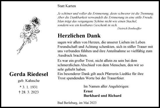 Traueranzeige von Gerda Riedesel von Tageszeitung