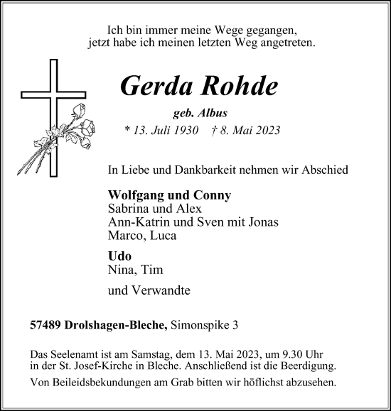 Traueranzeige von Gerda Rohde von Tageszeitung