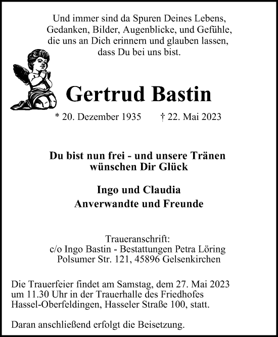 Traueranzeige von Gertrud Bastin von Tageszeitung