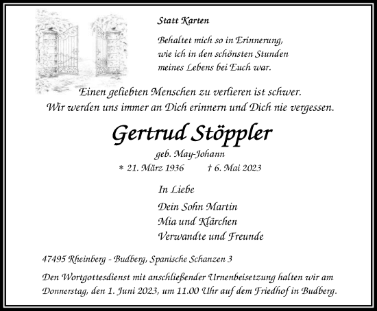 Traueranzeige von Gertrud Stöppler von Tageszeitung