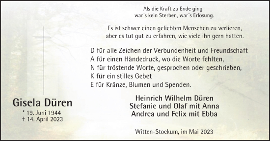 Traueranzeige von Gisela Düren von Tageszeitung