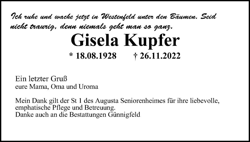  Traueranzeige für Gisela Kupfer vom 27.05.2023 aus Tageszeitung