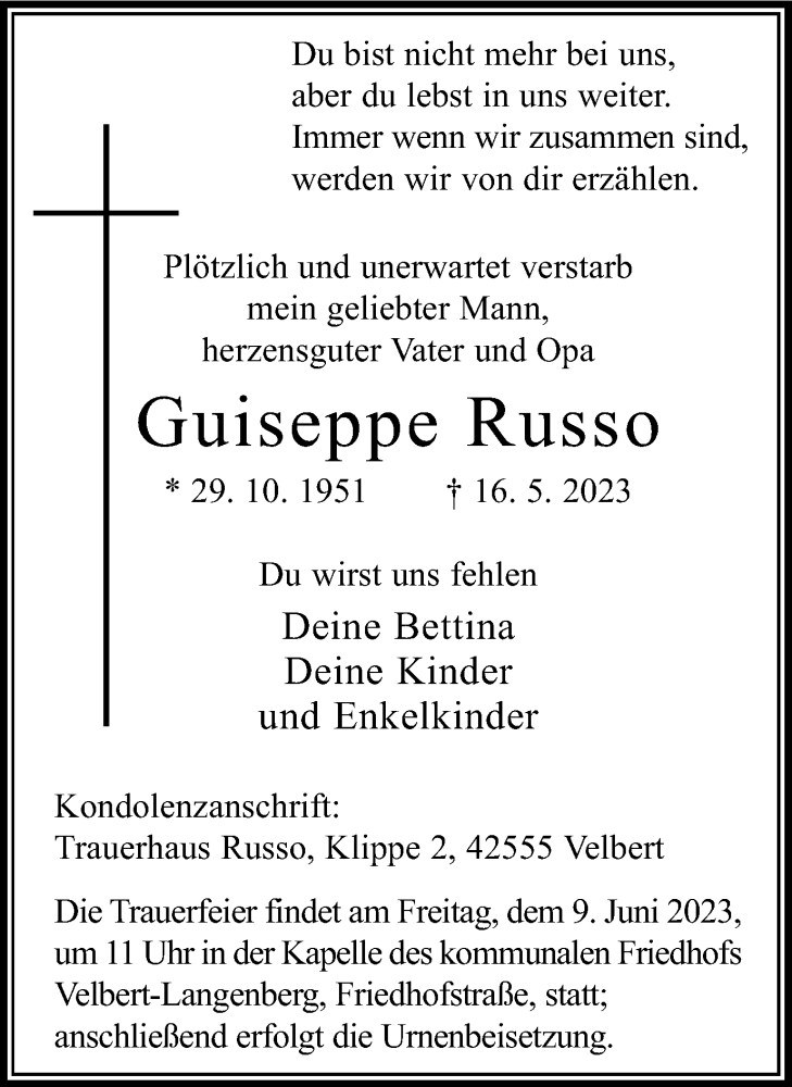  Traueranzeige für Guiseppe Russo vom 27.05.2023 aus Tageszeitung