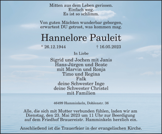 Traueranzeige von Hannelore Pauleit von Tageszeitung