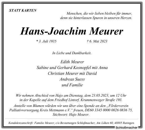 Traueranzeige von Hans-Joachim Meurer von Tageszeitung